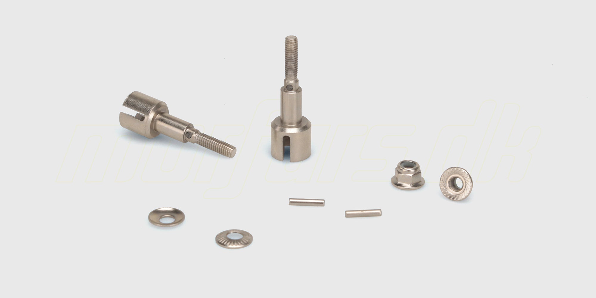 To sorte Tornado rear drive cups i metal til bagakslen på en HBX fjernstyret bil.