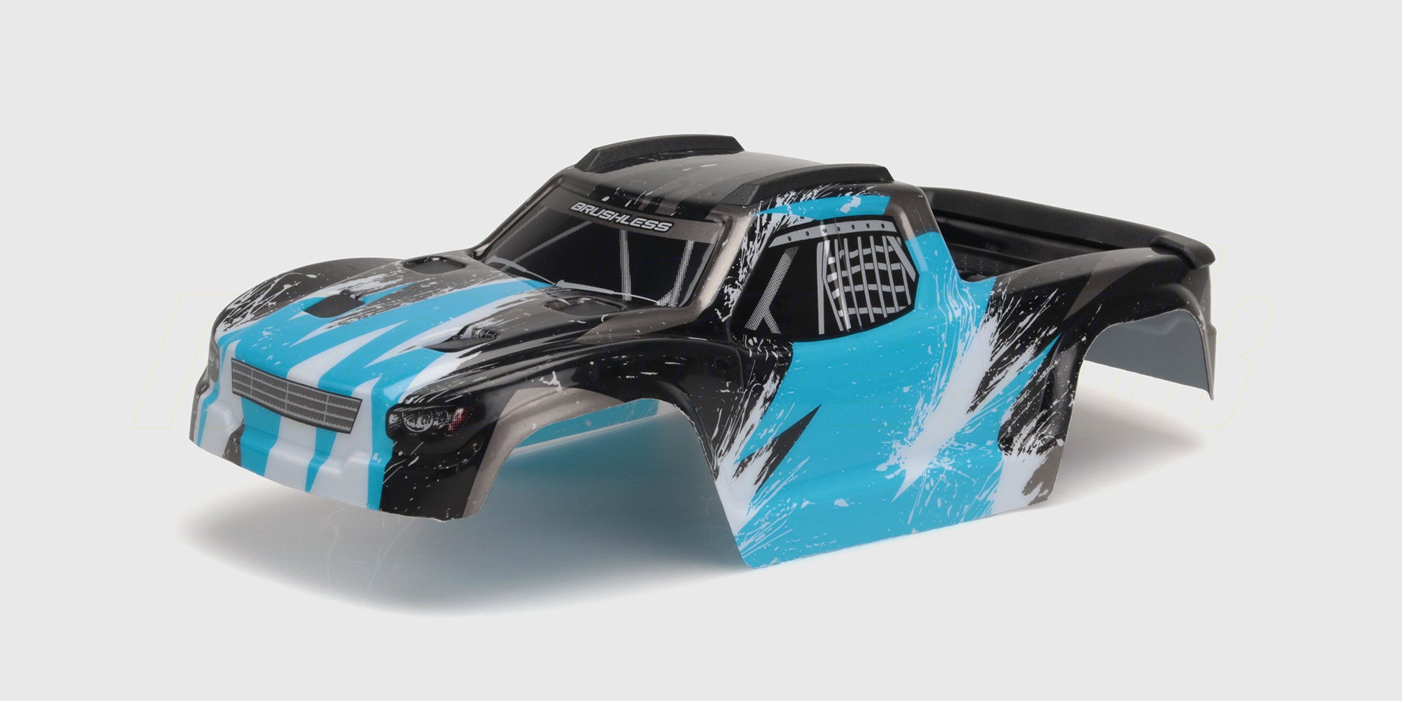 Sort HyperGo Brushless karosseri med blå detaljer til fjernstyret bil vist på en hvid baggrund.
