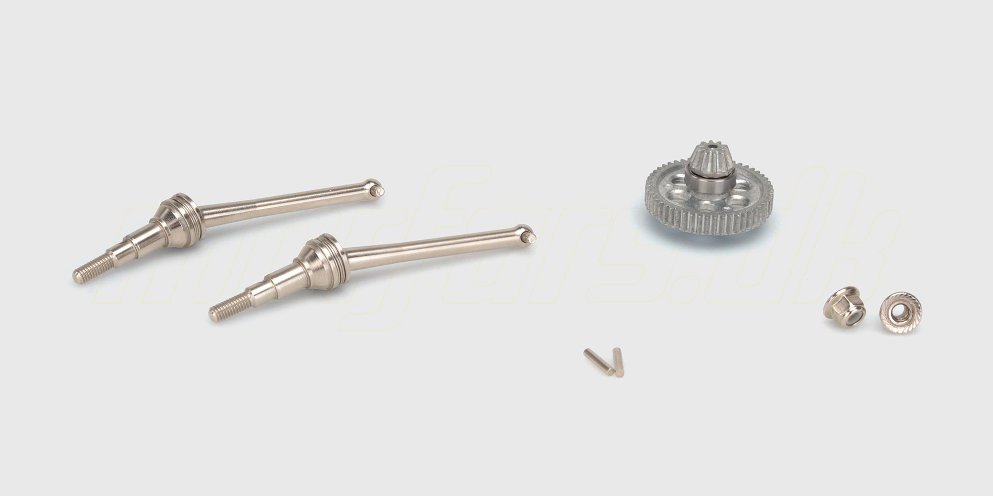 Komplet HyperGo Driveline Upgrade Kit med robuste metaltandhjul og aksler til fjernstyrede biler.
