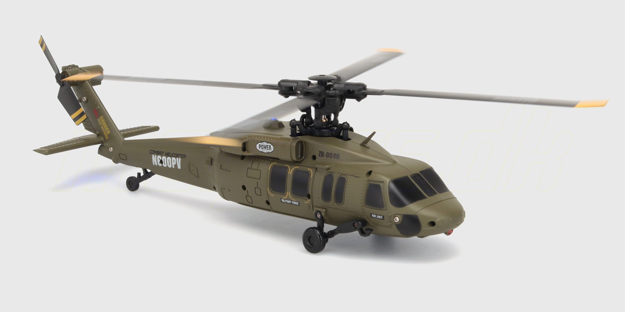 Rød og hvid Helikopter Top Hunter K200 med detaljerede rotorer og landingsstel til fjernstyret flyvning.