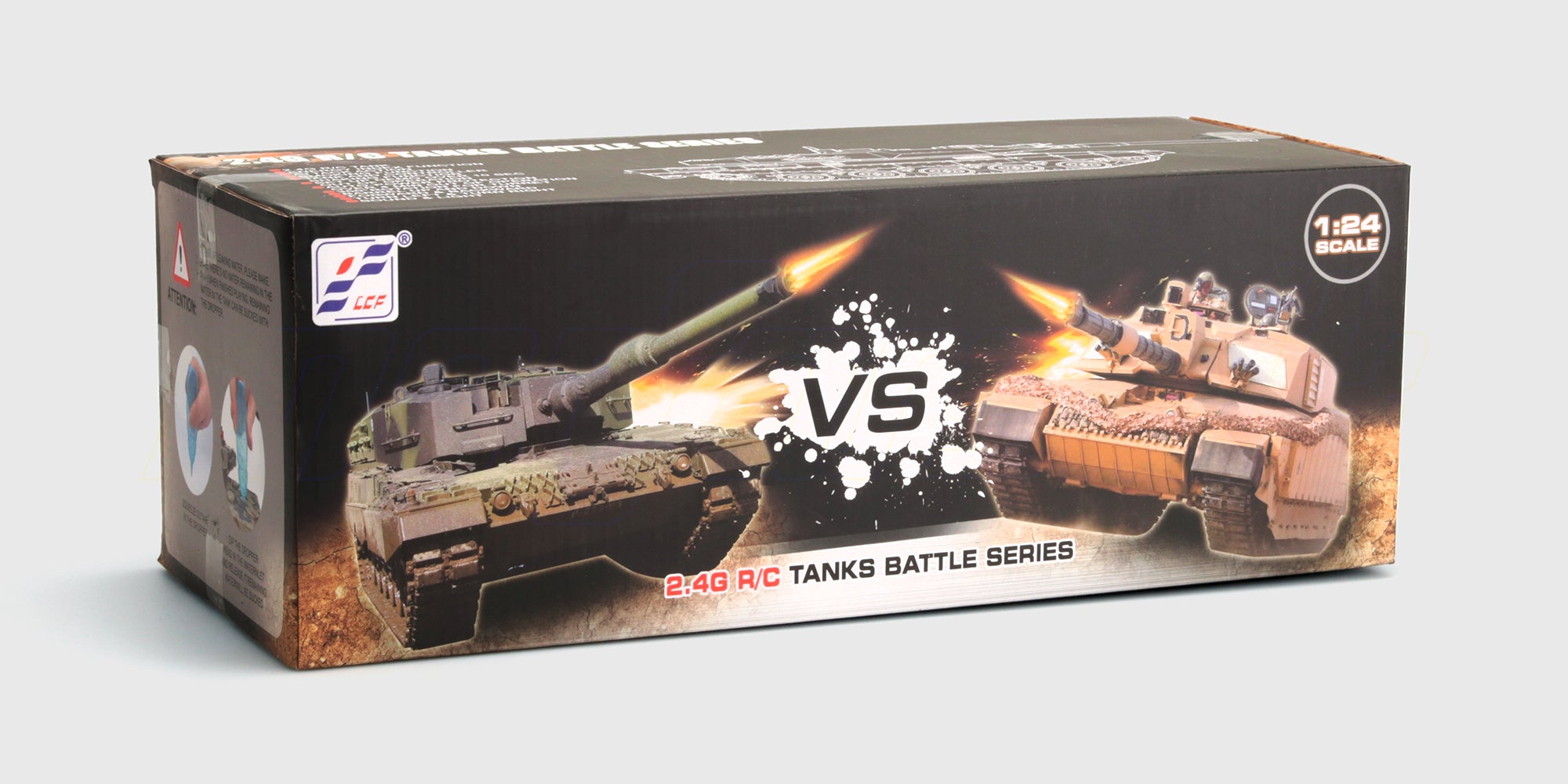 Battle Tank kampsæt med to fjernstyrede kampvogne vist i deres originale produktkasse.