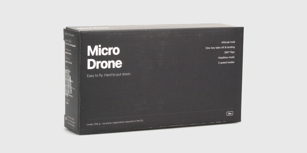 Æsken til Micro Drone med oversigt over funktioner og 14+ mærkning