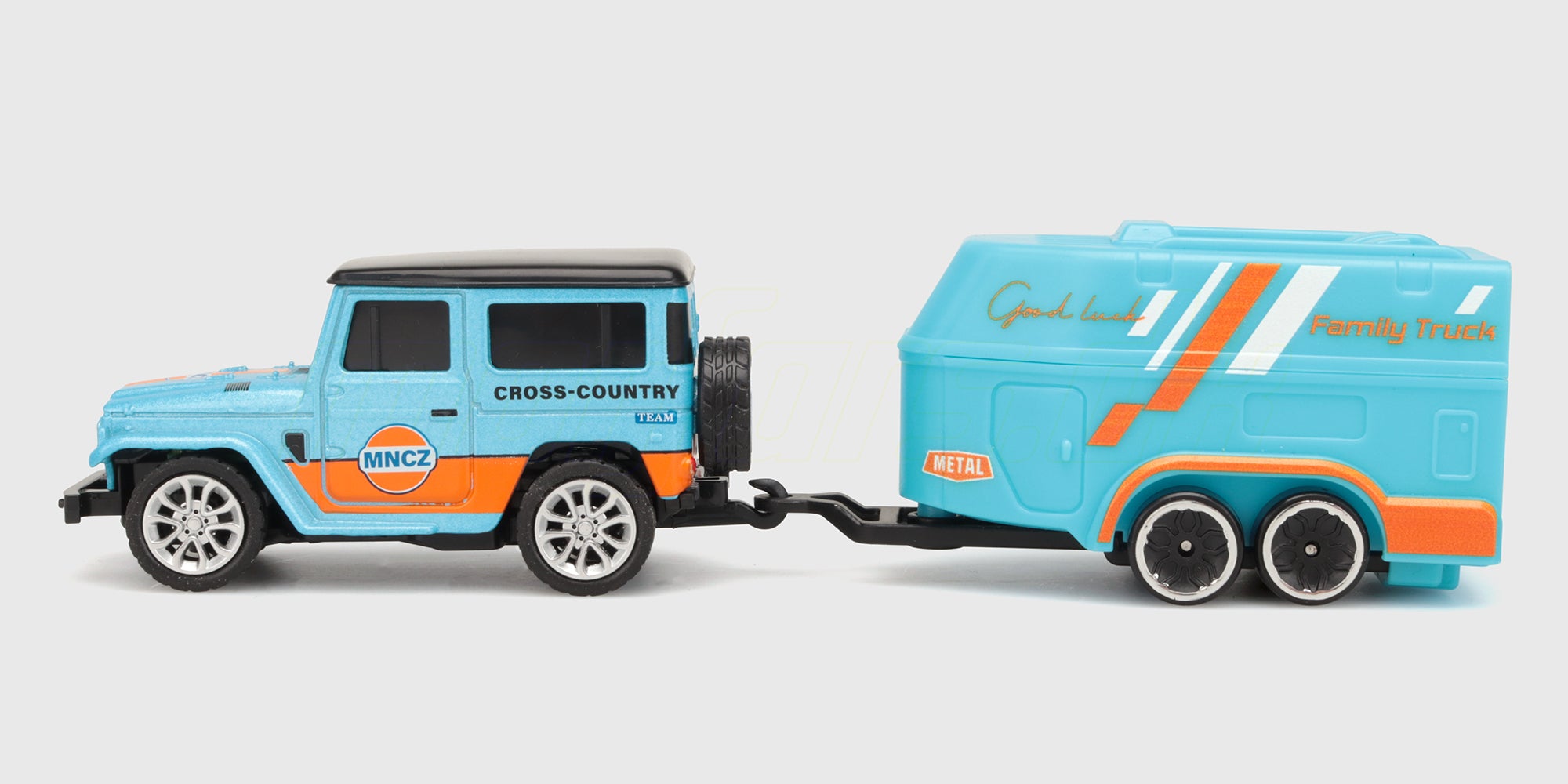 Blå og orange Mini RC Car Land Cruiser med turkis campingtrailer