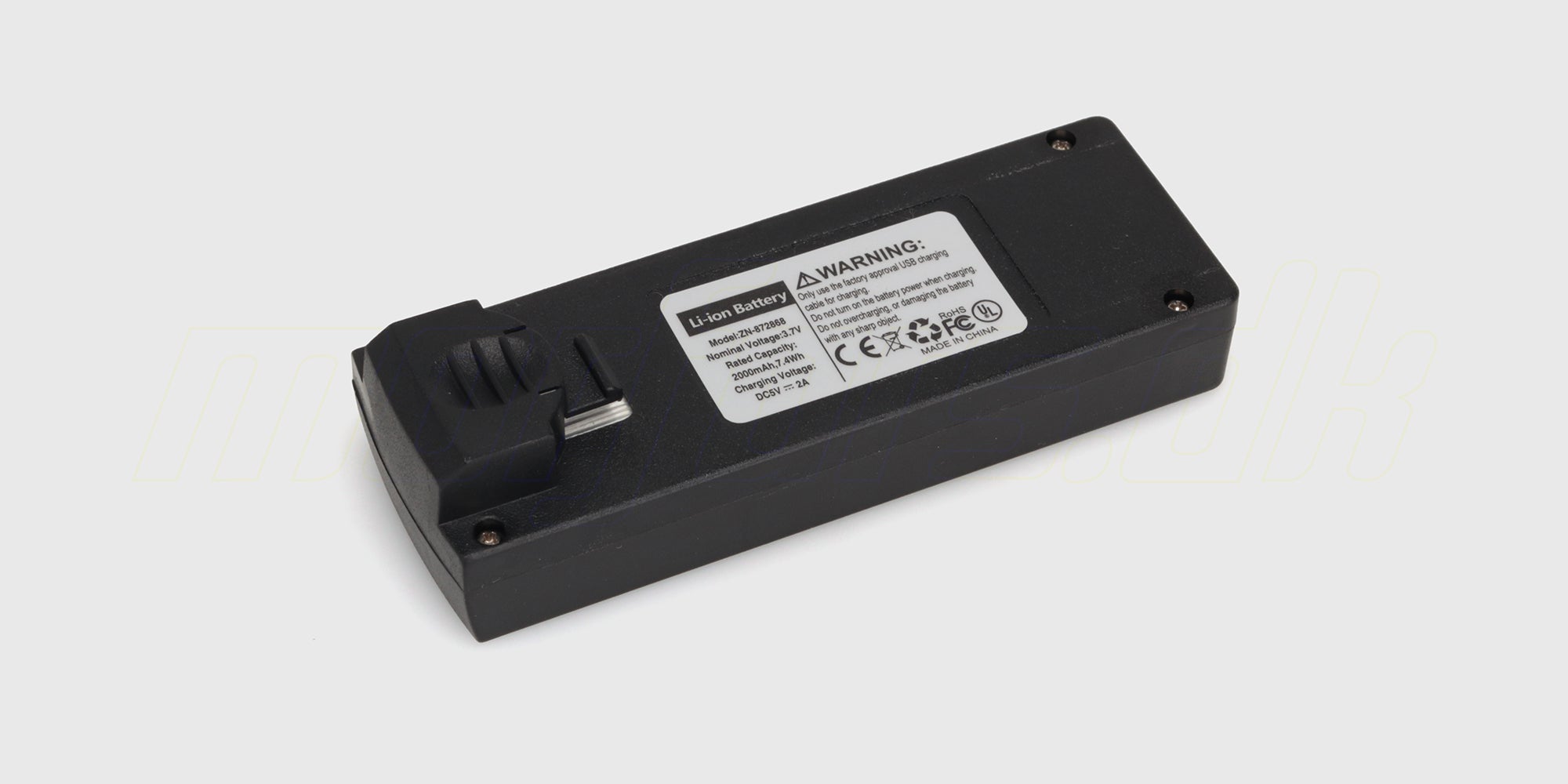 Sort genopladelig batteripakke med hvidt stik til Recon XV1 fjernstyret bil.