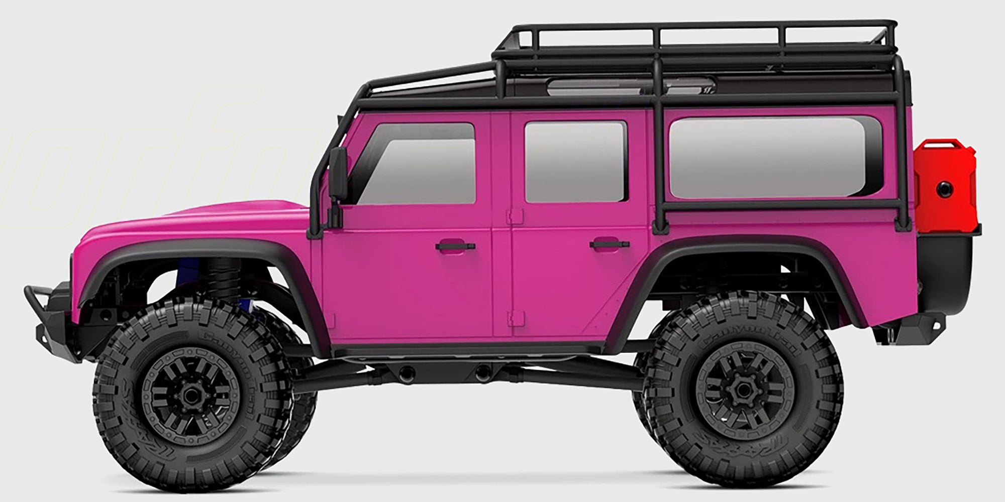 Lyserød Traxxas TRX-4M Land Rover Defender crawler set skråt bagfra på hvid baggrund.