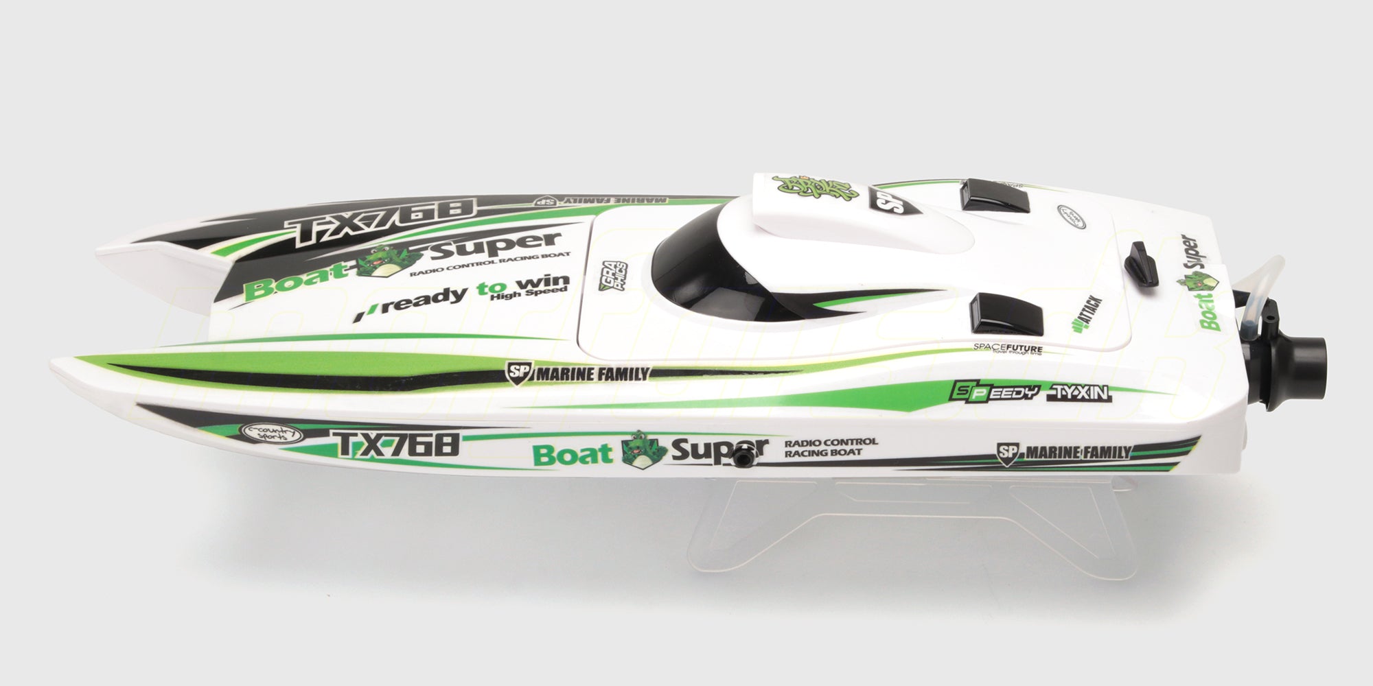 Hvid Super Dino brushless racing båd med turbo jet system set skråt forfra på hvid baggrund.