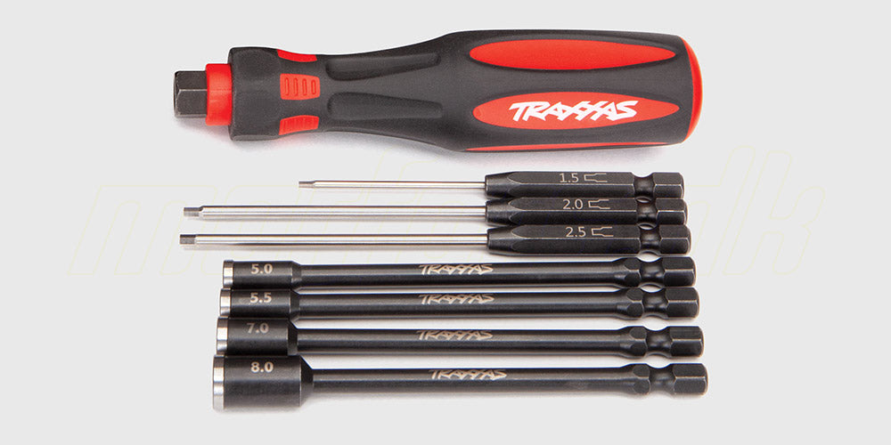 Traxxas Speed Bit Toolkit med unbrako-bits og håndtag i sort taske til reparation af fjernstyrede biler.