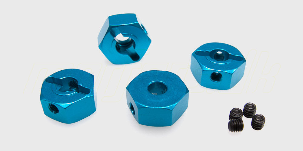 Blå anodiserede hex hubs i aluminium til fjernstyret bil, vist som et sæt med fire styk.