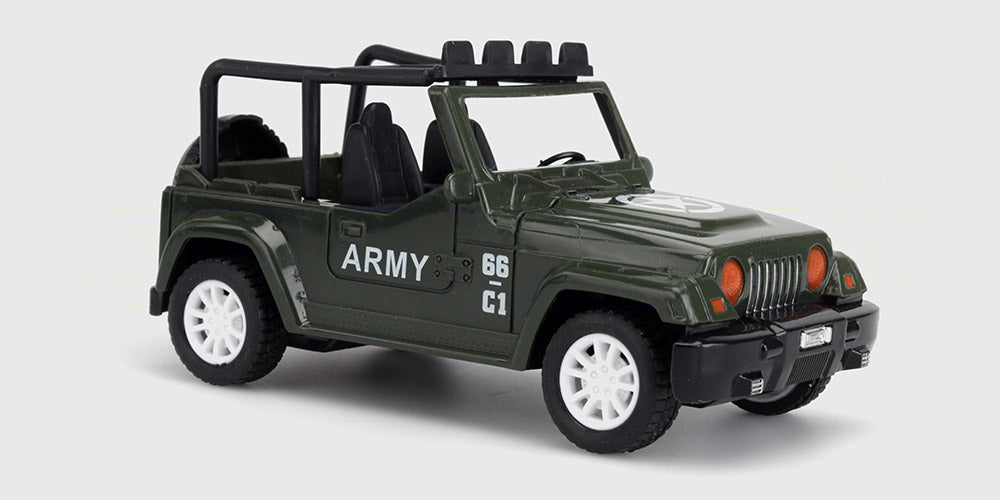 Grøn militærfarvet fjernstyret Army Jeep med terrængående dæk og robust karosseri til børn.