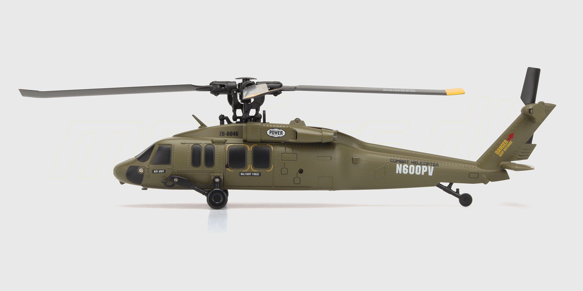Rød og sort Top Hunter fjernstyret helikopter med detaljeret cockpit og landingsstel vist forfra.
