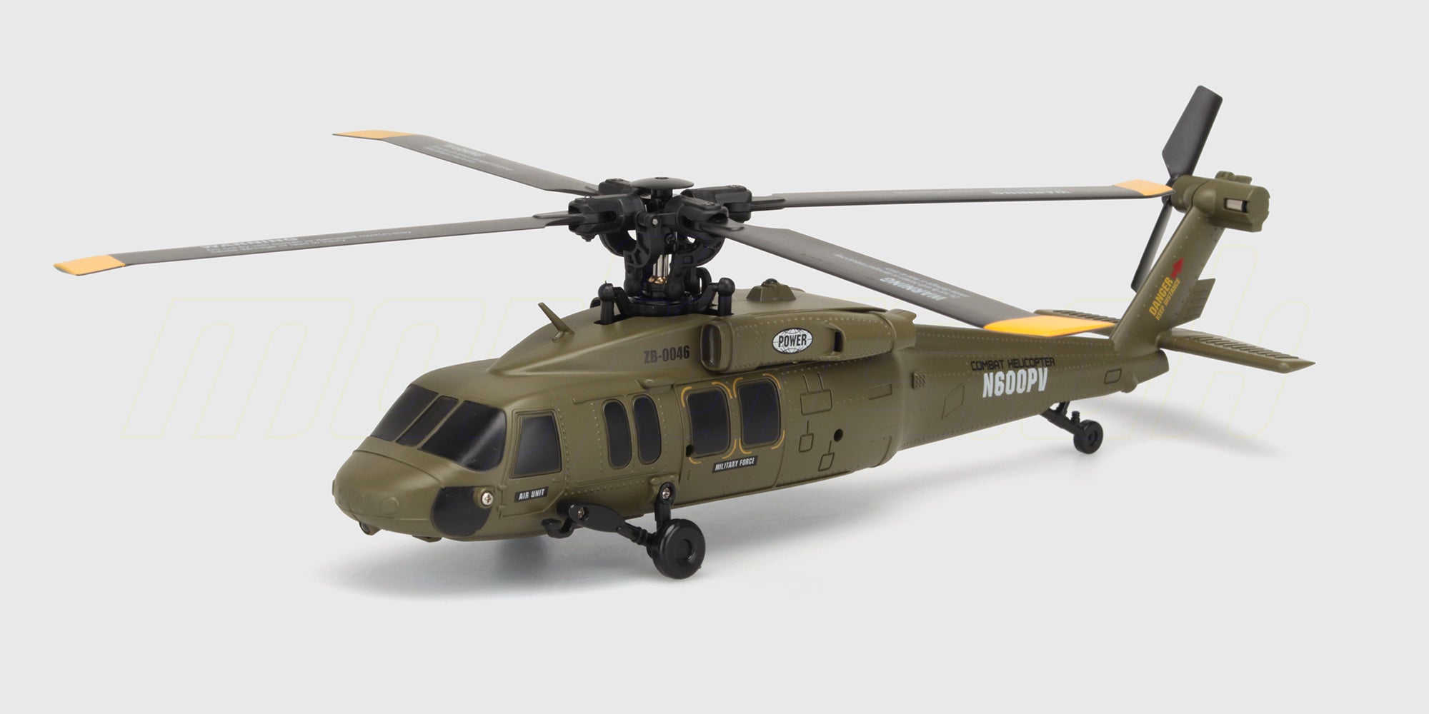 Rød og sort Top Hunter fjernstyret helikopter med detaljeret cockpit og landingsstel vist fra siden.
