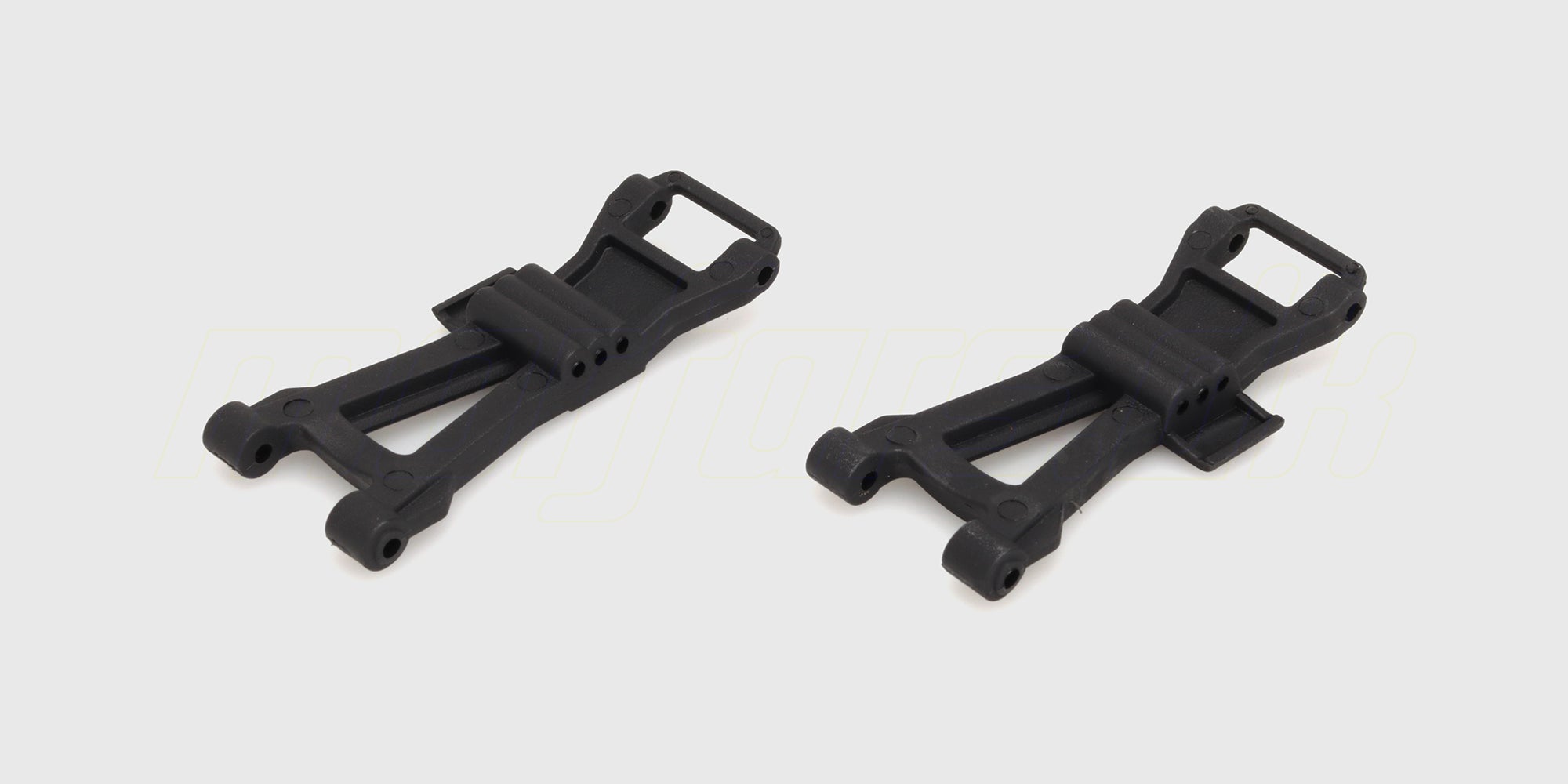 To sorte HyperGo Rear Lower Arms i plast til baghjulsophæng på en MJX fjernstyret bil.