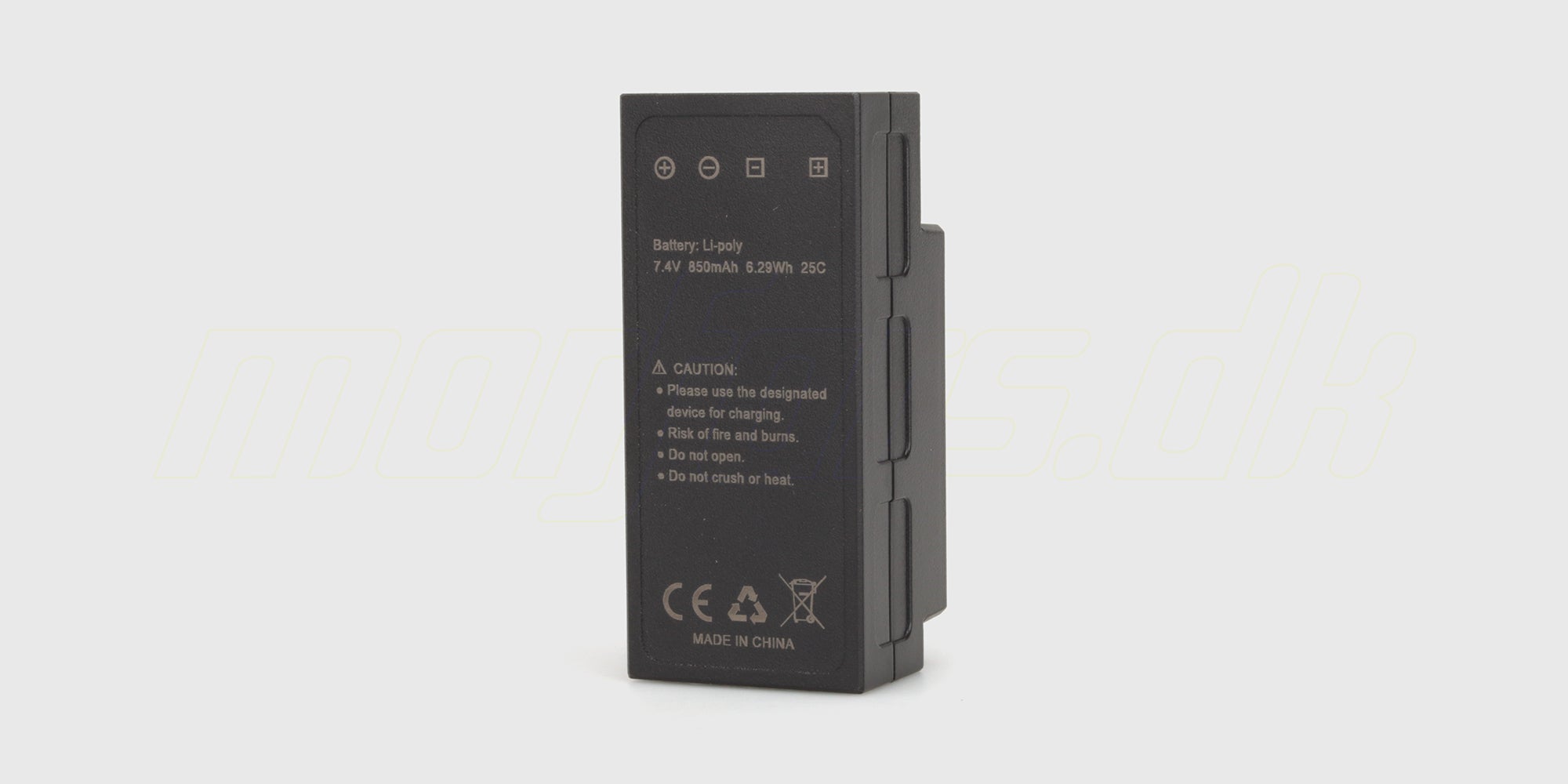 Sort HyperGo 7.4V 850mAh Li-ion batteri i hardcase med rødt stik til fjernstyret bil.