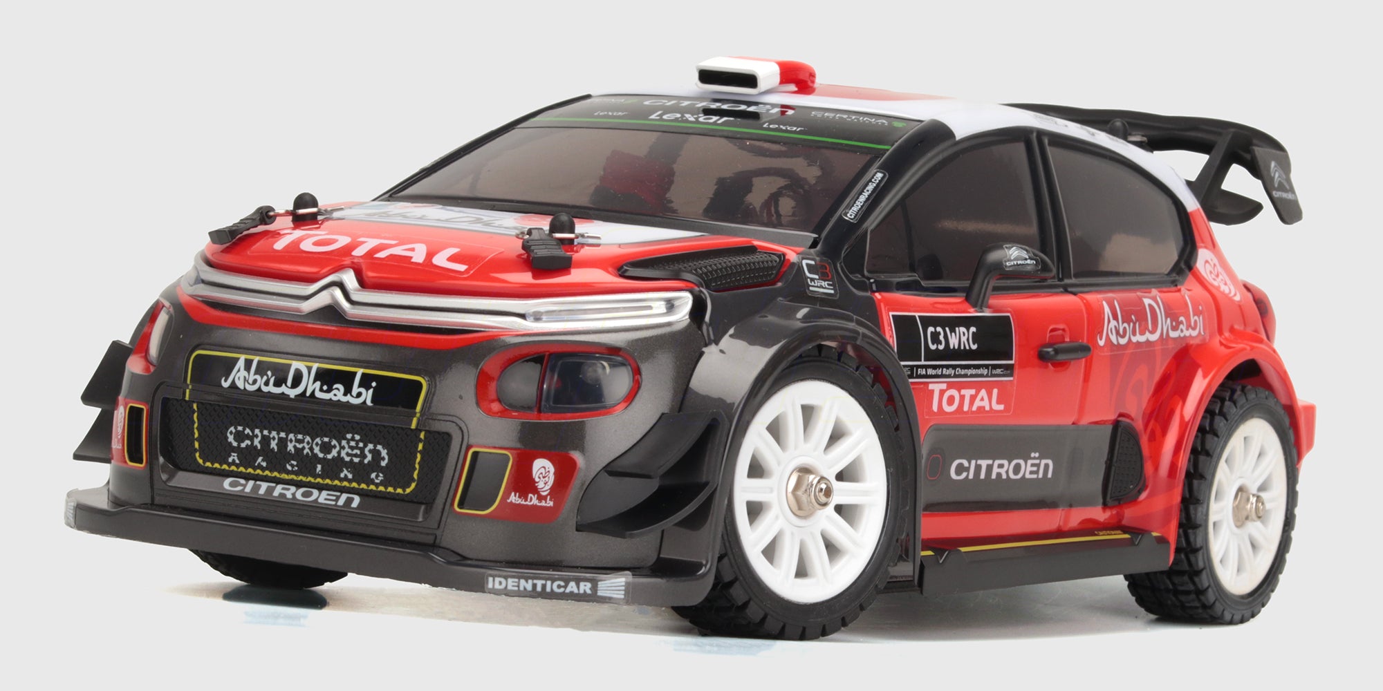 HyperGo Drift rød og sort Citroen rallybil med hvide fælge og LED-lys vist på hvid baggrund.
