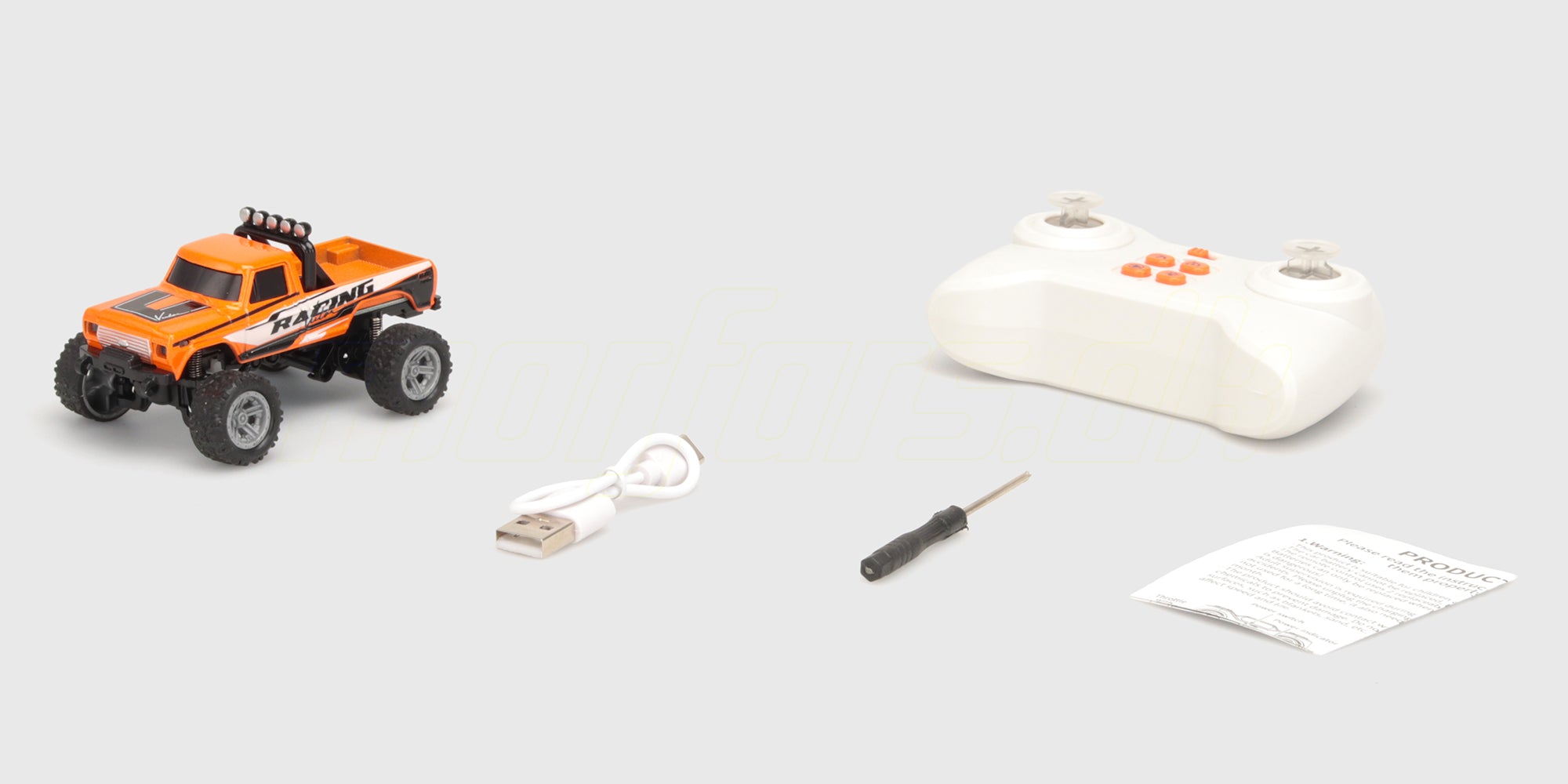 Mini RC Car Pick-up med sender, USB-ladekabel, skruetrækker og vejledning