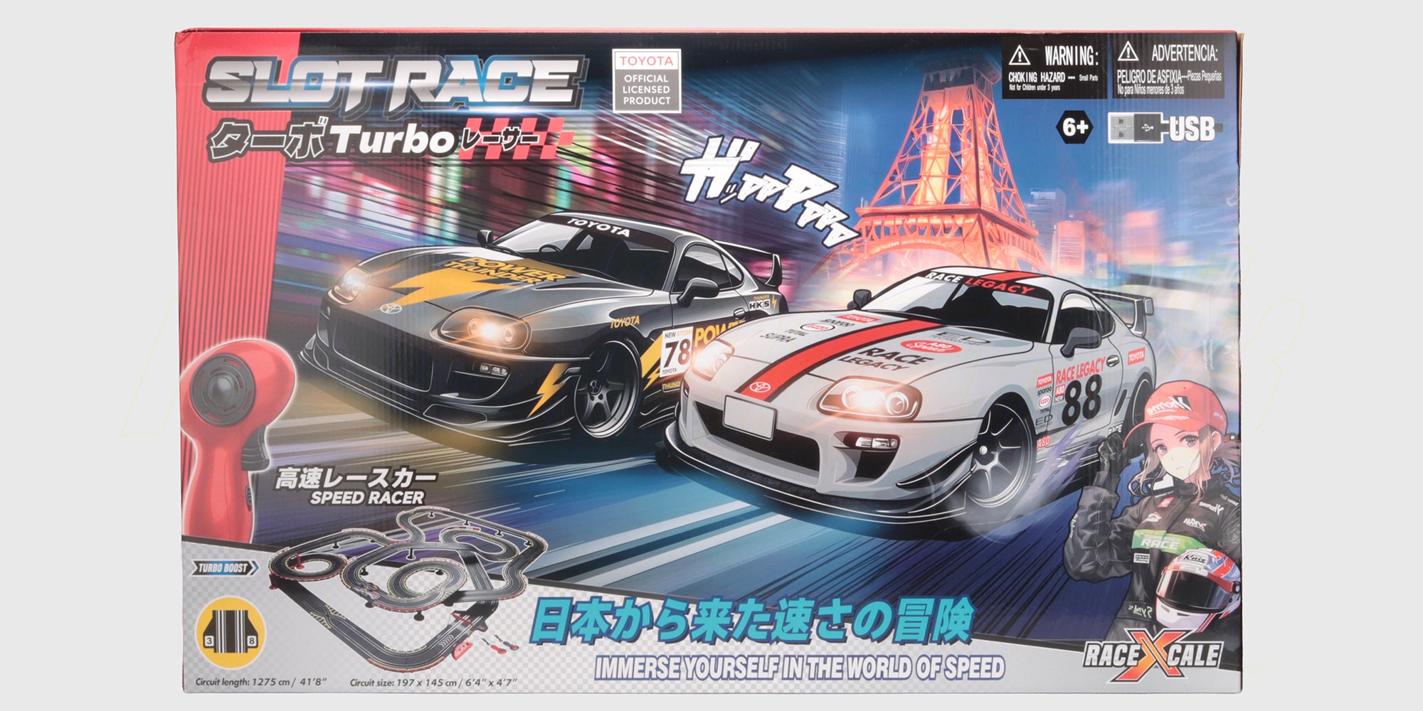 Tokyo Race racerbane med vilde loops og to racerbiler klar til actionfyldt fart og spænding på banen.