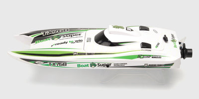 Hvid Super Dino brushless racing båd med turbo jet system set skråt forfra på hvid baggrund.