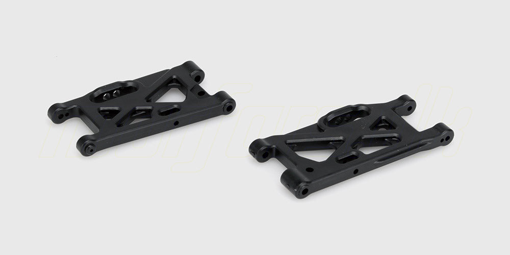 To sorte Z06 swing arms i plast til affjedringen på en fjernstyret bil vist på hvid baggrund.