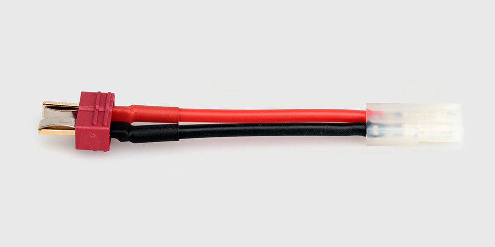 Konverteringskabel med hvidt AMP Thruster-stik og rødt Deans T-stik han til fjernstyret udstyr.